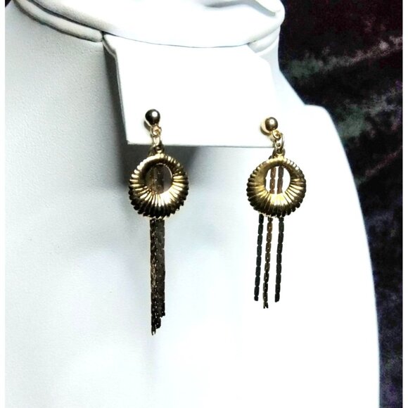 vintage gold/silver tone ribbed circle, tassel design push back earrings - Picture 4 of 4